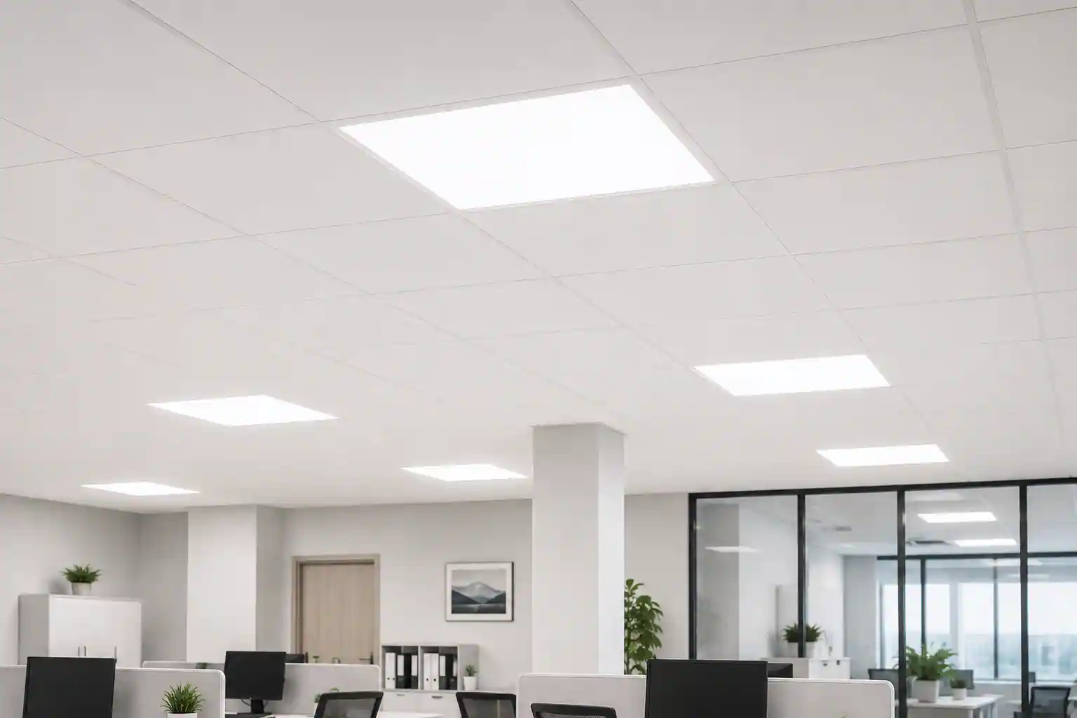 Konstrukce LED panelu Q-White 595x595x30mm — hliníkový rám, plastový kryt, úhel svícení 170°